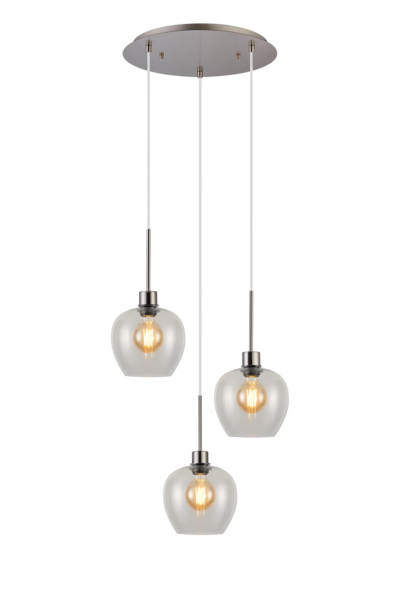 DK1370  Lori 40cm Round Pendant, 3 Light Adjustable E27, Satin Nickel/Clear Wine Shades